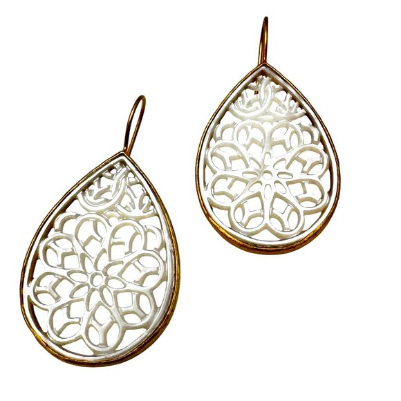 Vermeil 925 Sterling Silver Teardrop Earrings Mother Of Pearl Lasercut Inlay - Picture 1 of 8